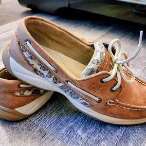 Sperry Brown and Cream Boat Shoes With Leopard Sequins